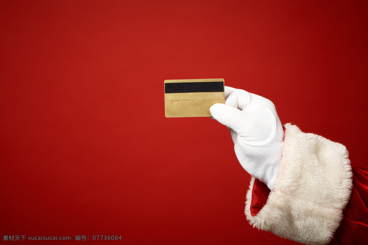 信用卡 手 老人 圣诞老人 银行卡 红色背景 白色手套 老人图片 人物图片
