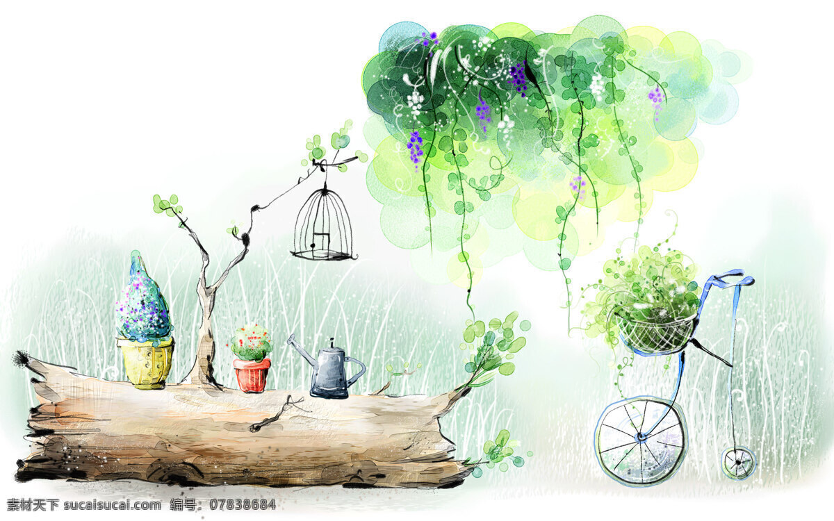清新桌面 手绘免费下载 绿色植物 手绘 小清新 自行车 插画集