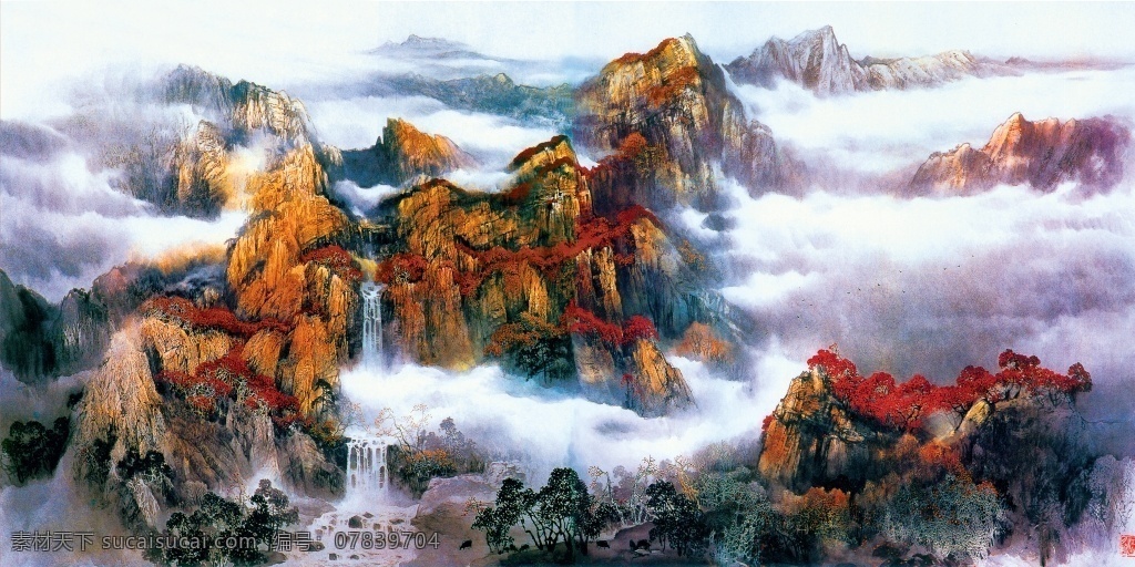 手绘 彩绘 山水 烟雾 装饰画 山清水秀 山里 山水画 烟雾袅绕