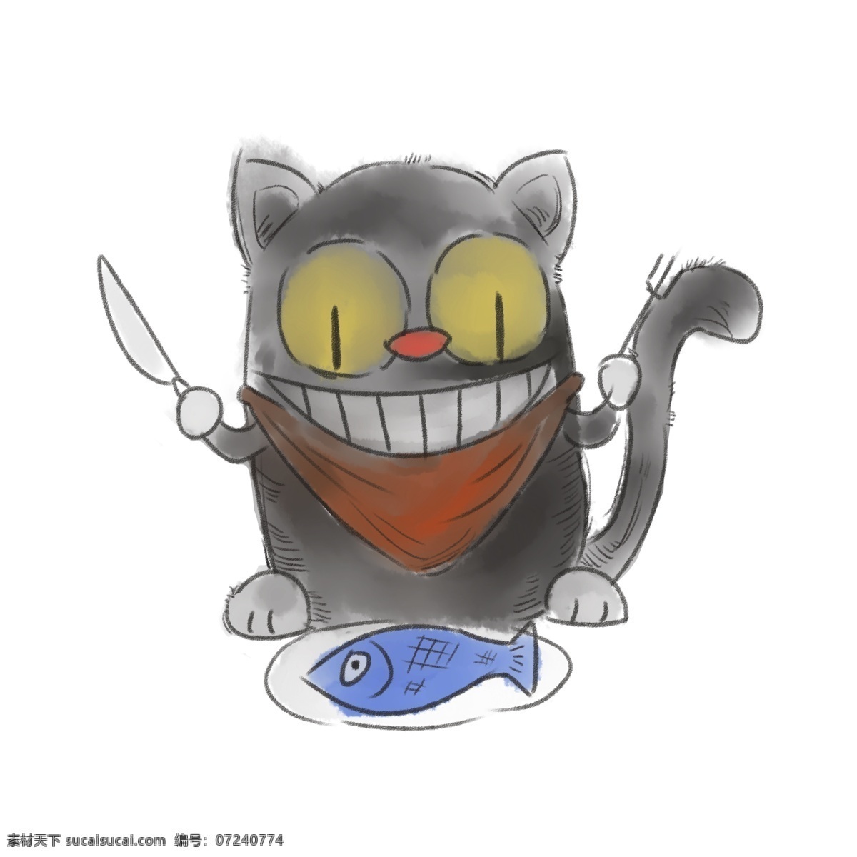 手绘 卡通 猫咪 吃 鱼 大眼睛 黄色 胖嘟嘟的贸易 猫尾巴 鱼骨刺 黑色 褐色 橘黄色 免扣