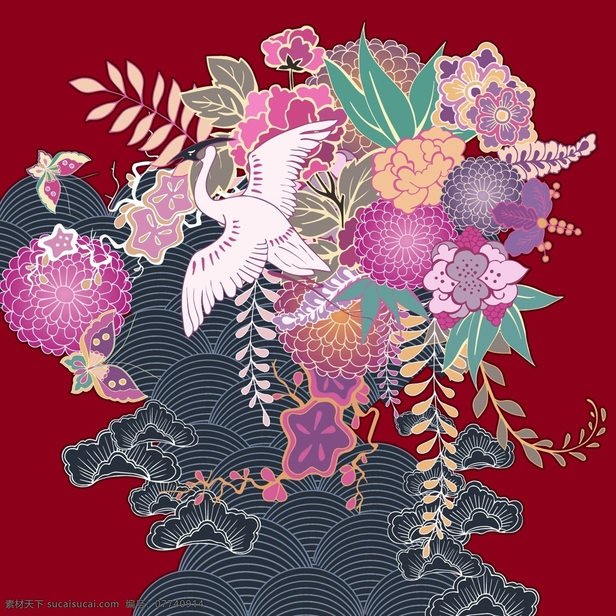 复古 和服 花卉 图案 日式 中国风 水 鹤 白鹭 蝴蝶 线稿 插画 传统 鸟 新中式 红底 扁平化 文化艺术 传统文化