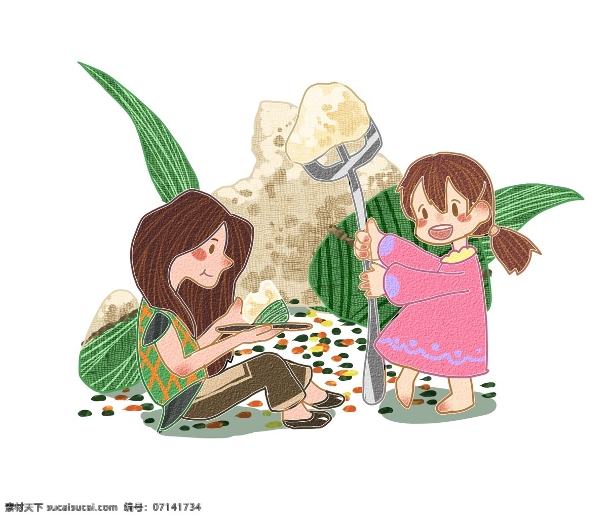 姐姐 妹妹 一起 吃 粽子 吃粽子 端午节卡通 端午节手绘 肉粽 美味粽子 端午节