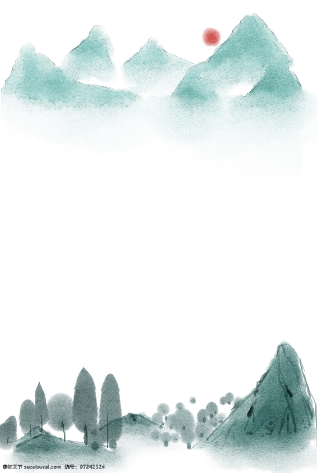 立体 水墨 边框 插画 立体边框 水墨边框 漂亮的边框 创意边框 红色的太阳 山水边框 风景边框