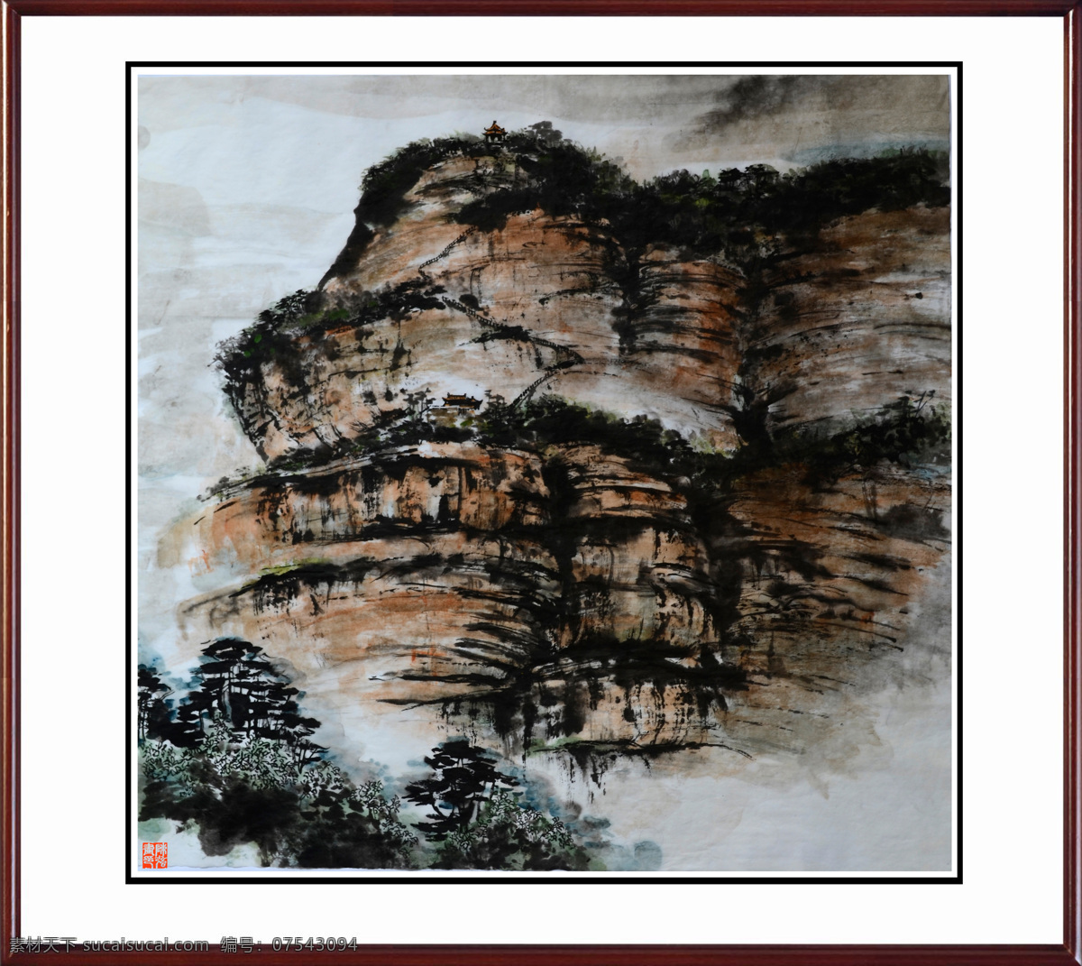 国画山水 绘画书法 山峰 山水画 树木 文化艺术 小树 霞山别寺 中国画 纸本设色 丹霞山 奇山 长老峰 石 杂树 红石 印章 陈强 国画作品 家居装饰素材 雕刻 图案