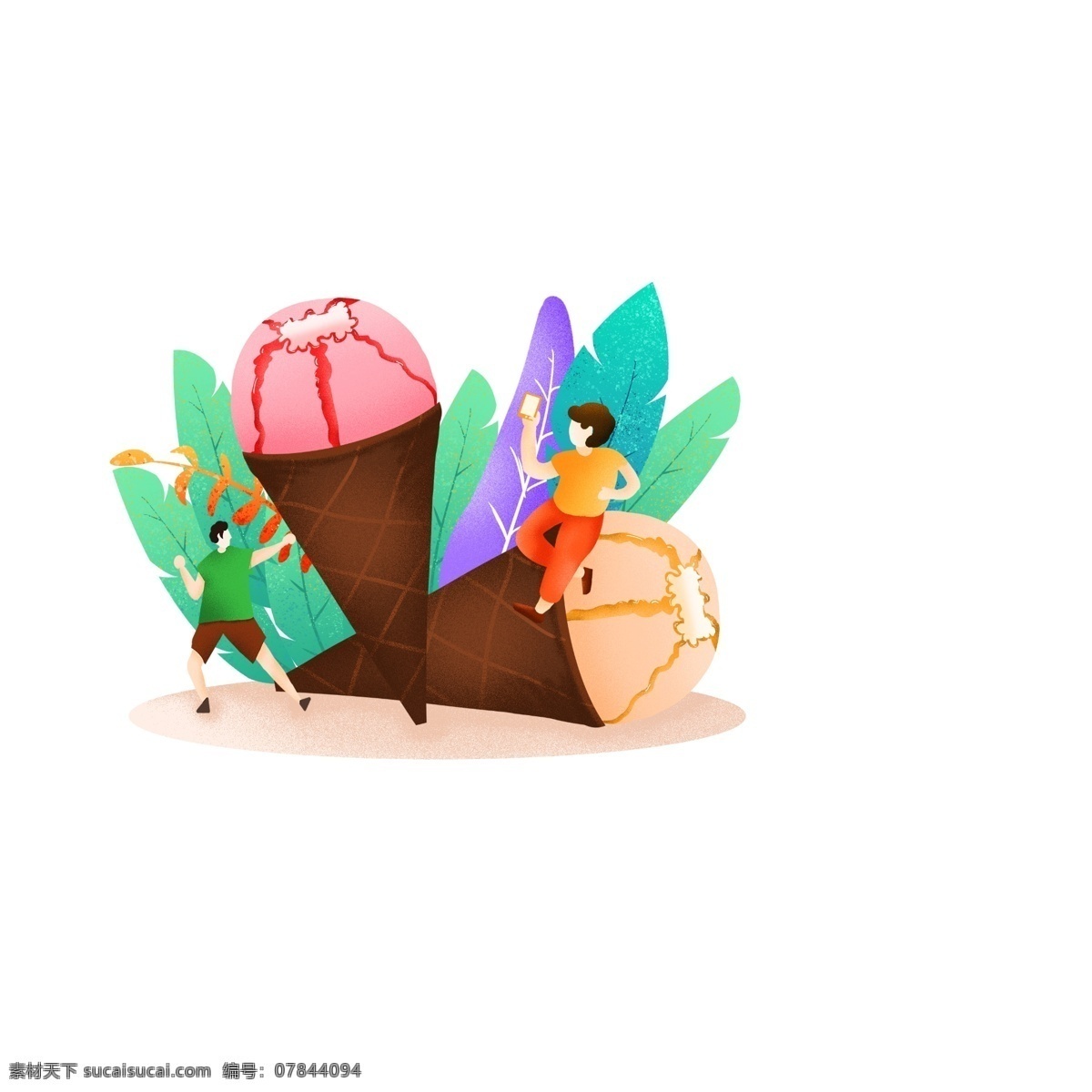 夏季 吃 雪糕 扁平 插画 吃雪糕 小脆筒 可爱多 夏季扁平植物 扁平插画 扁平人物 手绘插画