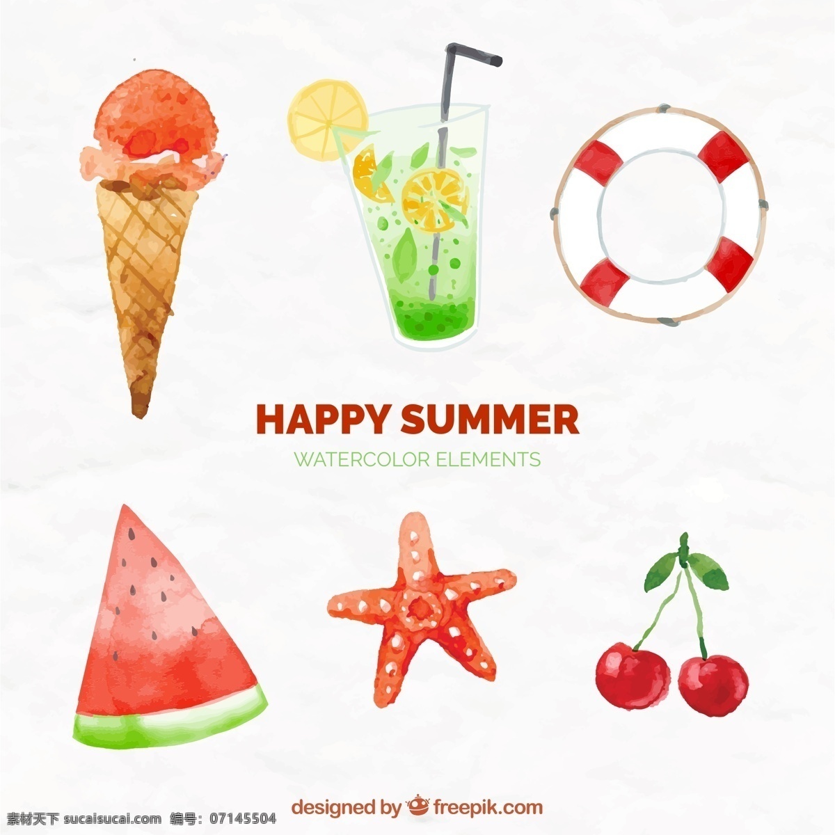 款 快乐 夏季 元素 矢量 矢量素材 冰淇淋 饮料 快乐夏季 夏季元素 西瓜 樱桃 救生圈