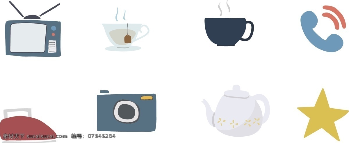 可爱 手绘 家庭 图标素材 插画 星星 电话 图标 咖啡 茶 电视剧 照相机 熨斗 茶壶