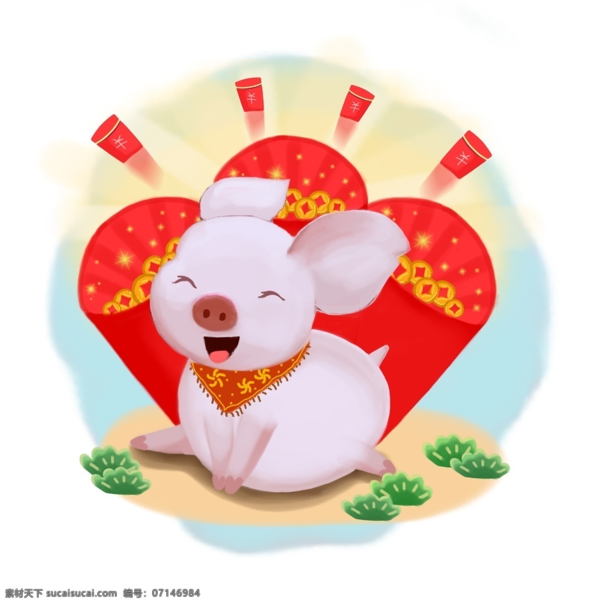 可爱 手绘 插画 卡通 春节 红包 生肖 猪 喜庆 金币 生肖猪