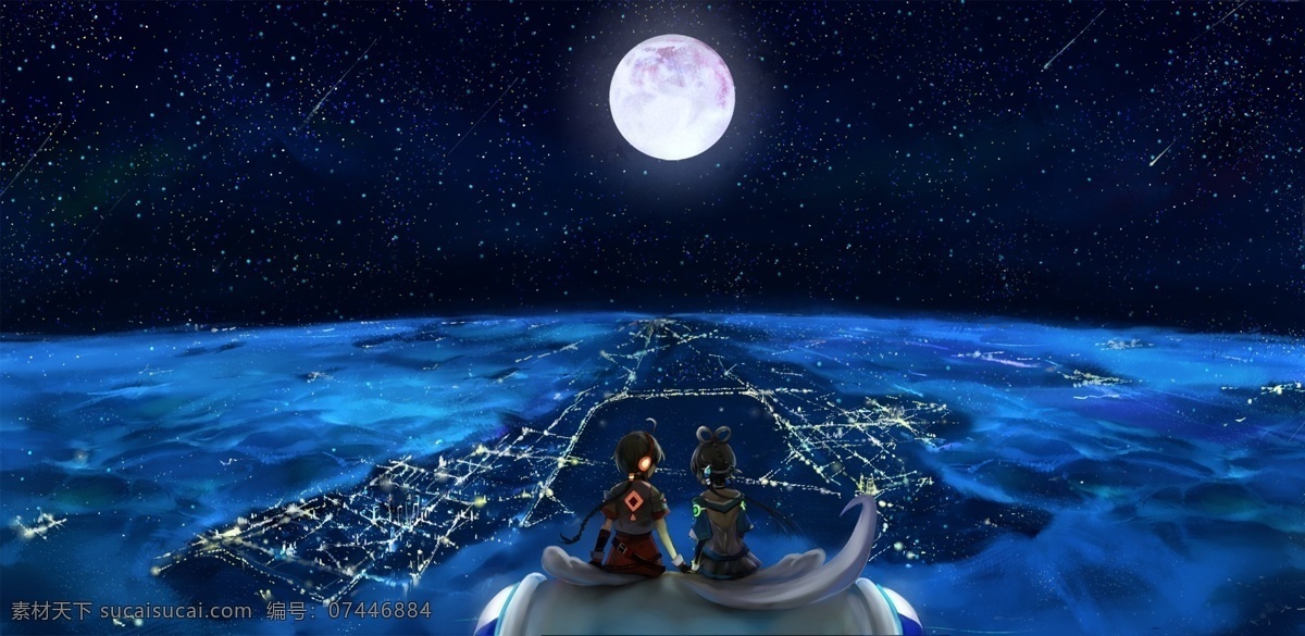 夜空 夜景 美少女 夜晚 圆月 城市上空 二次元 洛天依 乐正绫 歌姬 卡通 动漫 可爱
