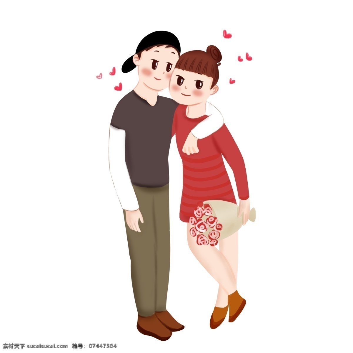 情人节 恩爱 情侣 人物 插画 漂亮的小女孩 手绘人物插画 卡通人物 红色的桃心 恩爱的情侣