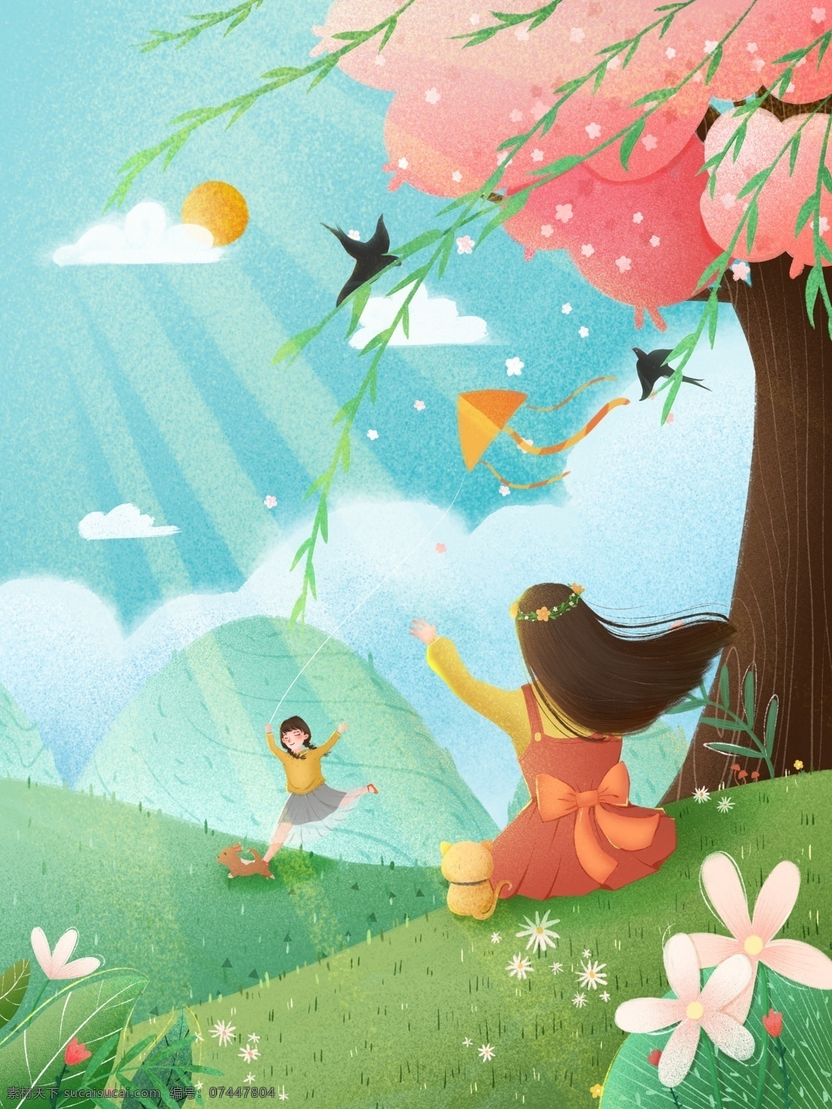 原创 小 清新 二十四节气 之春 分 绿色 插画 春分 小清新 狗 猫 风筝 天空 阳光 花环 植物 柳条 海报