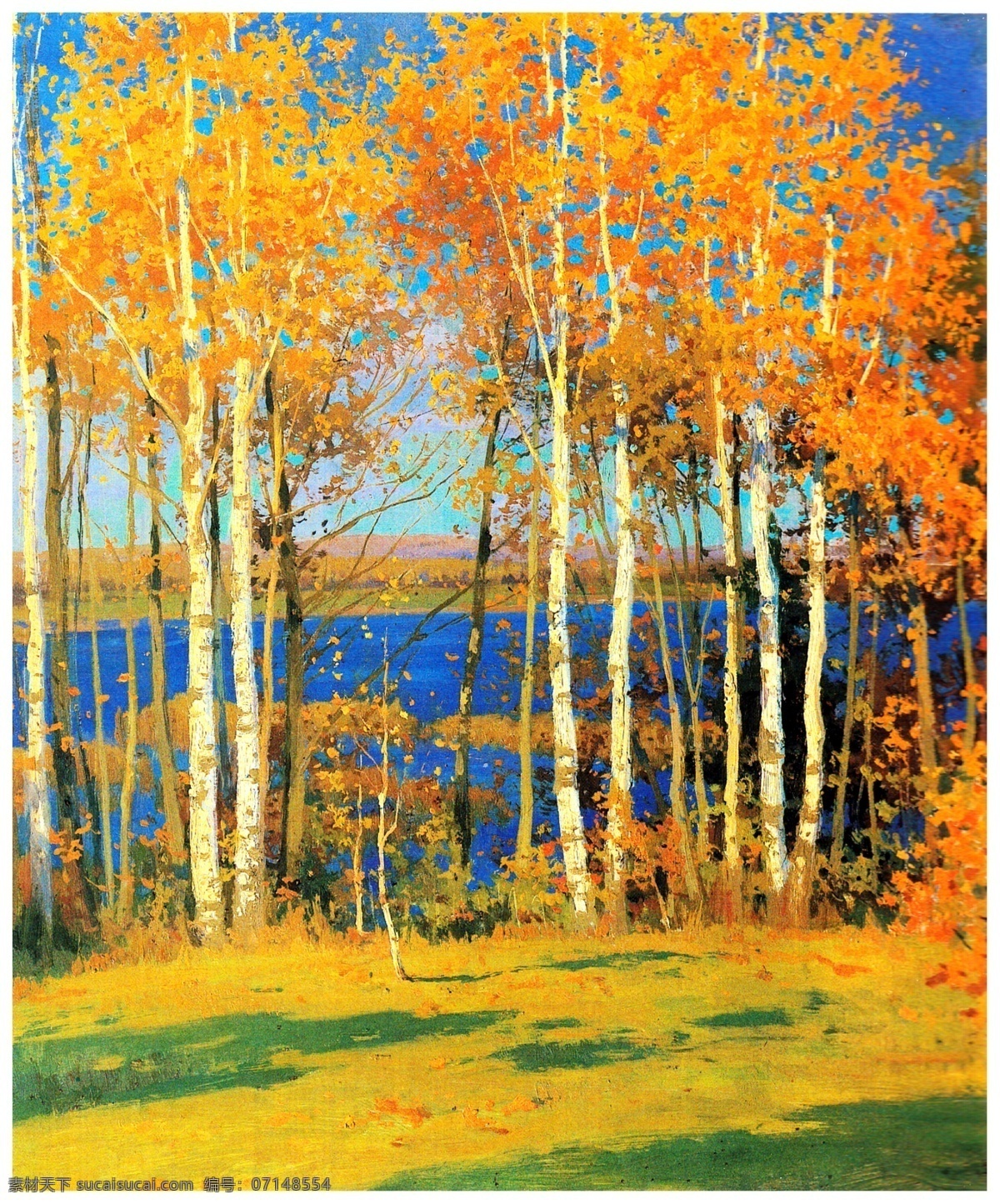 秋天风景油画 秋天油画 风景油画 油画风景 白桦树林 油画 郊外 河流 草地 西方油画 布面油画 油画集 绘画书法 文化艺术