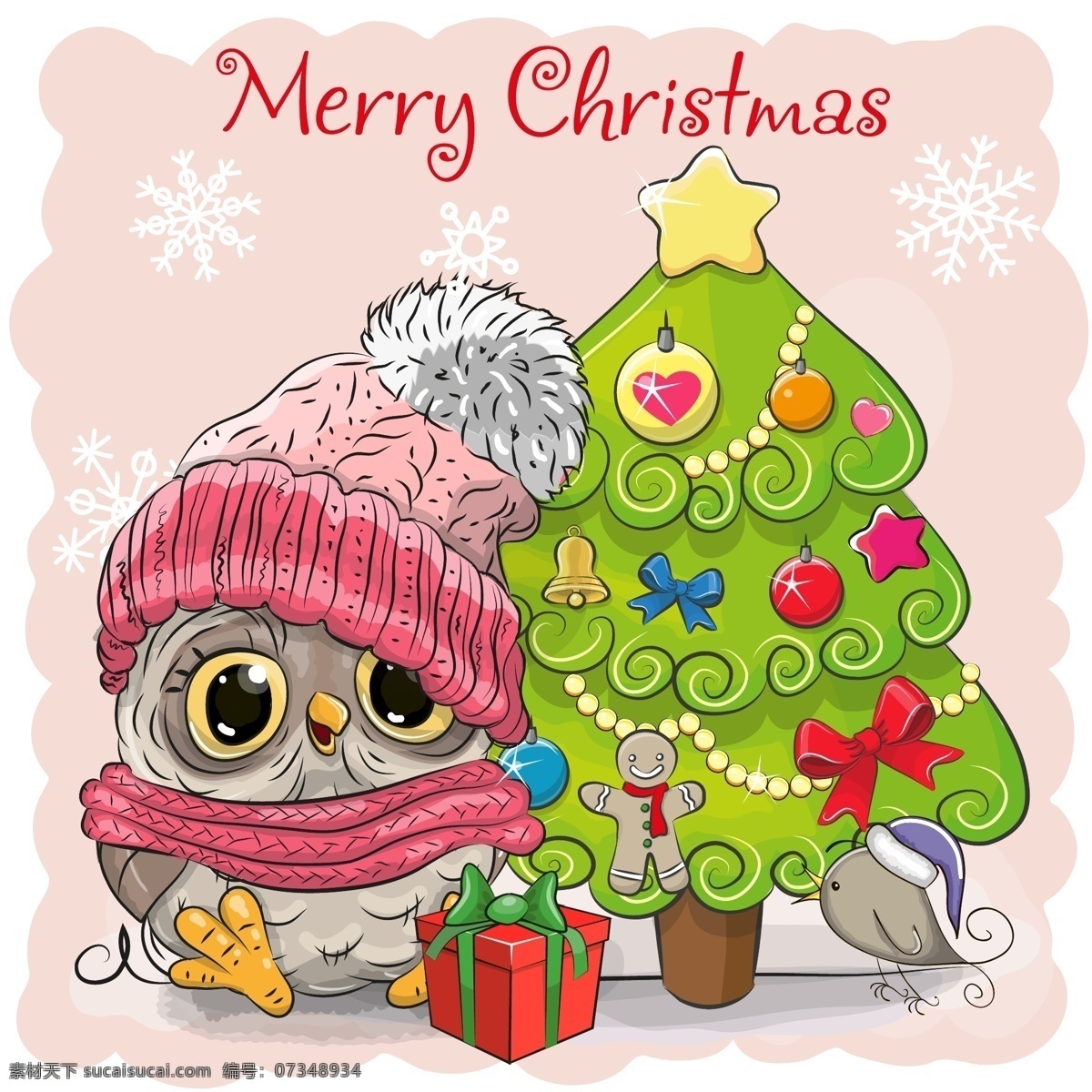 圣诞树 猫头鹰 雪花 可爱 圣诞节 矢量 高清图片