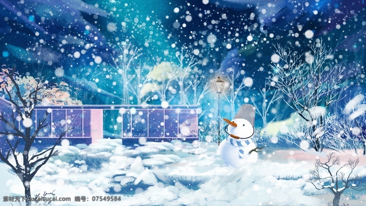唯美 创意 冬天 雪景 小雪 大雪 插画 壁纸 冬天雪景 手机配图 电商用途