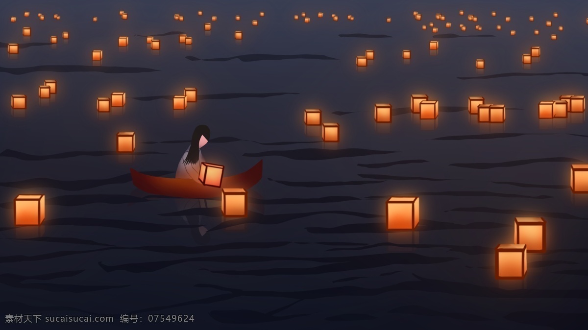 唯美 手绘 节日 祈福 河 灯 放水 中元节 原创 插画 小船 祈愿 河灯 水灯