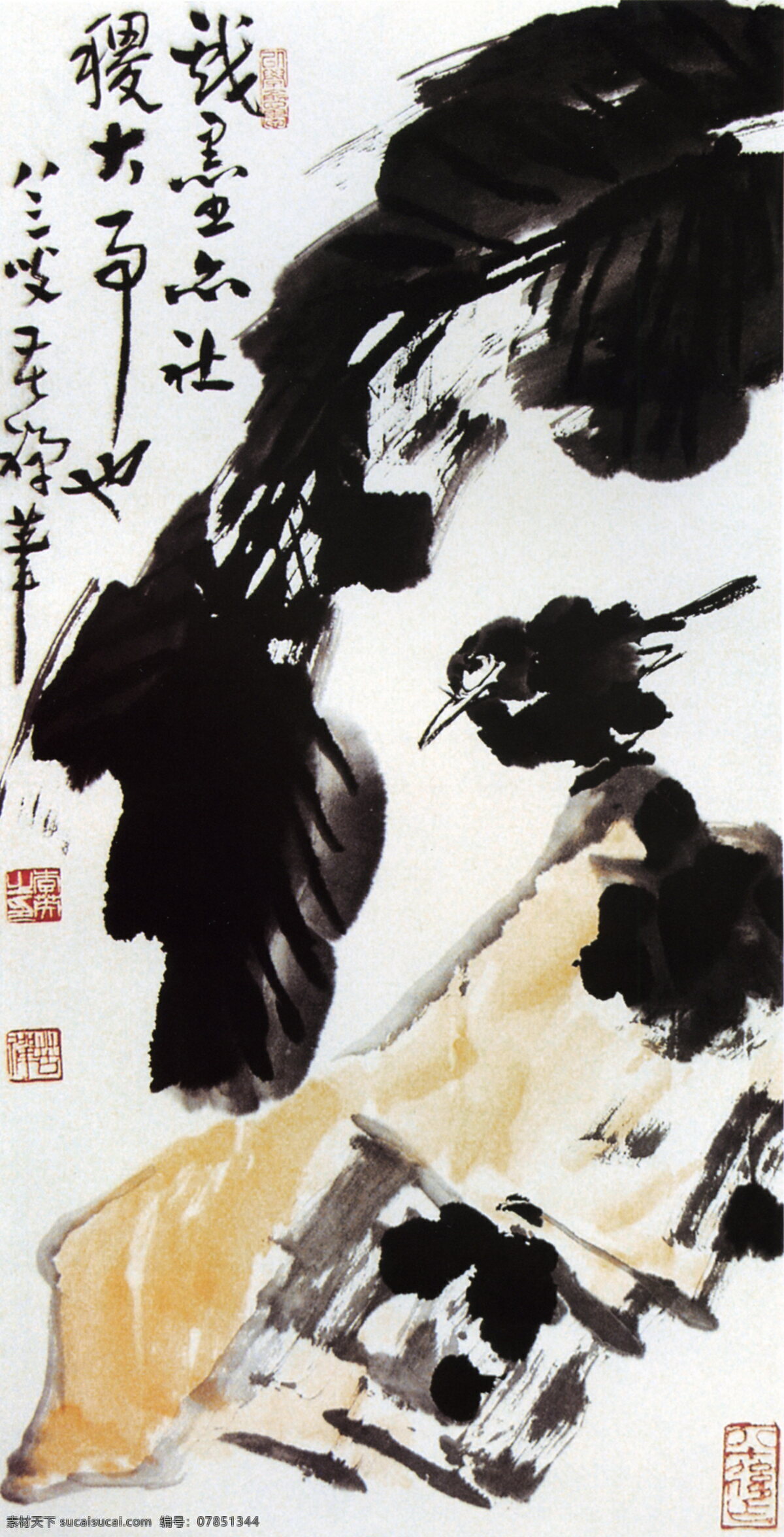 蕉阴栖禽 李苦禅 花鸟国画 水墨画 古画 中国画 设计素材 花鸟画篇 中国画篇 书画美术 白色