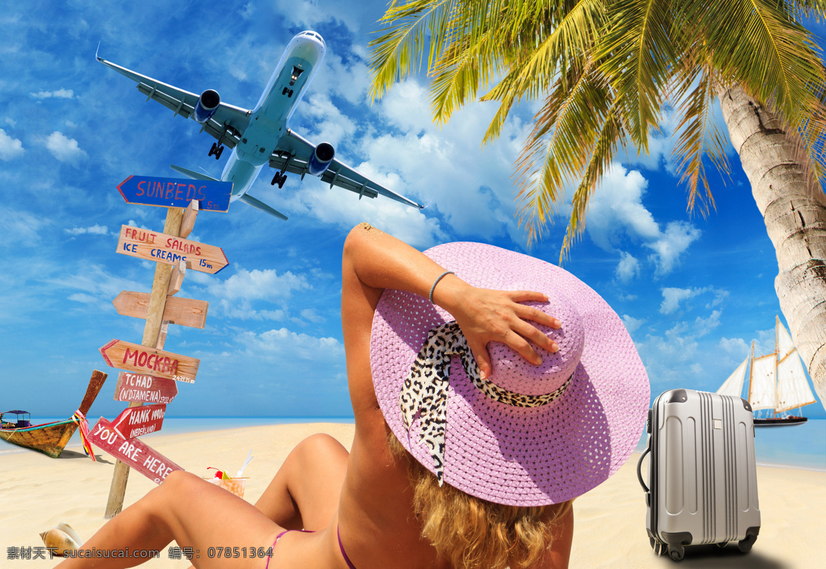 躺 沙滩 上 看 飞机 女人 美女 性感女人 行李箱 旅游 路标 生活人物 人物摄影 人物图片