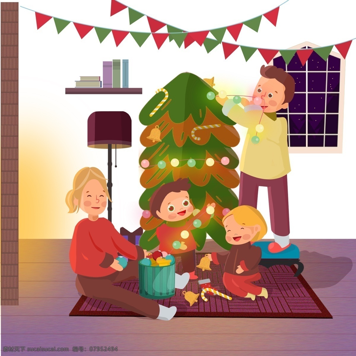 圣诞节 温馨 家庭 一家人 节日 场景 沙发 爸爸 妈妈 圣诞 圣诞树 彩灯 彩球 袜子 壁炉 温暖冬天