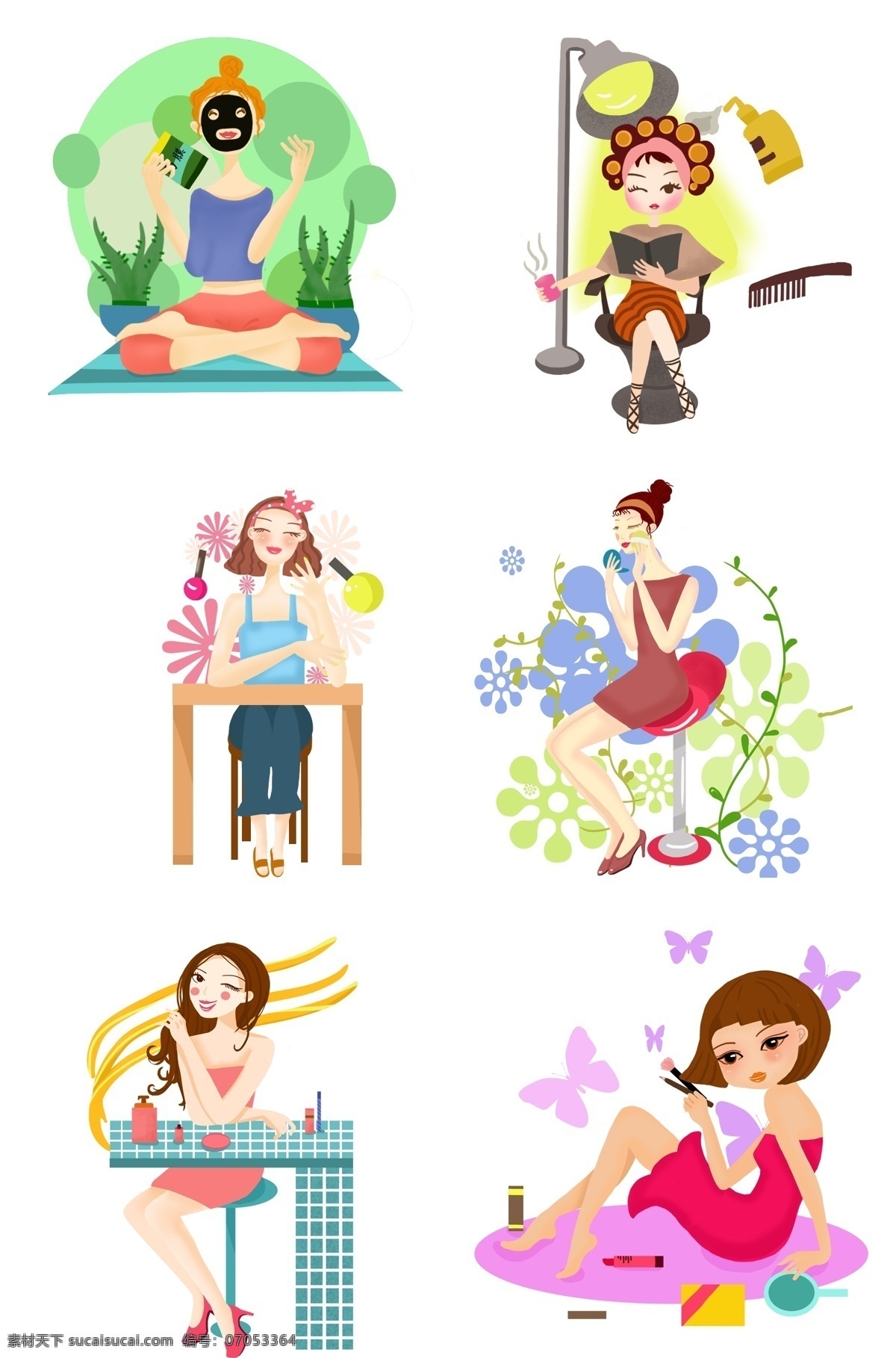 手绘 美容 套 图 插画 黑色的面膜 化妆的女孩 补水的女孩 卡通插画 扑粉的女孩 手绘美容插画