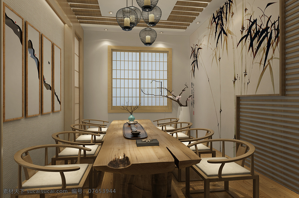 茶馆 包厢 效果图 小清新 桌子 椅子 装饰画 日式 暖色调 木地板 吊灯 日式推拉窗 模型