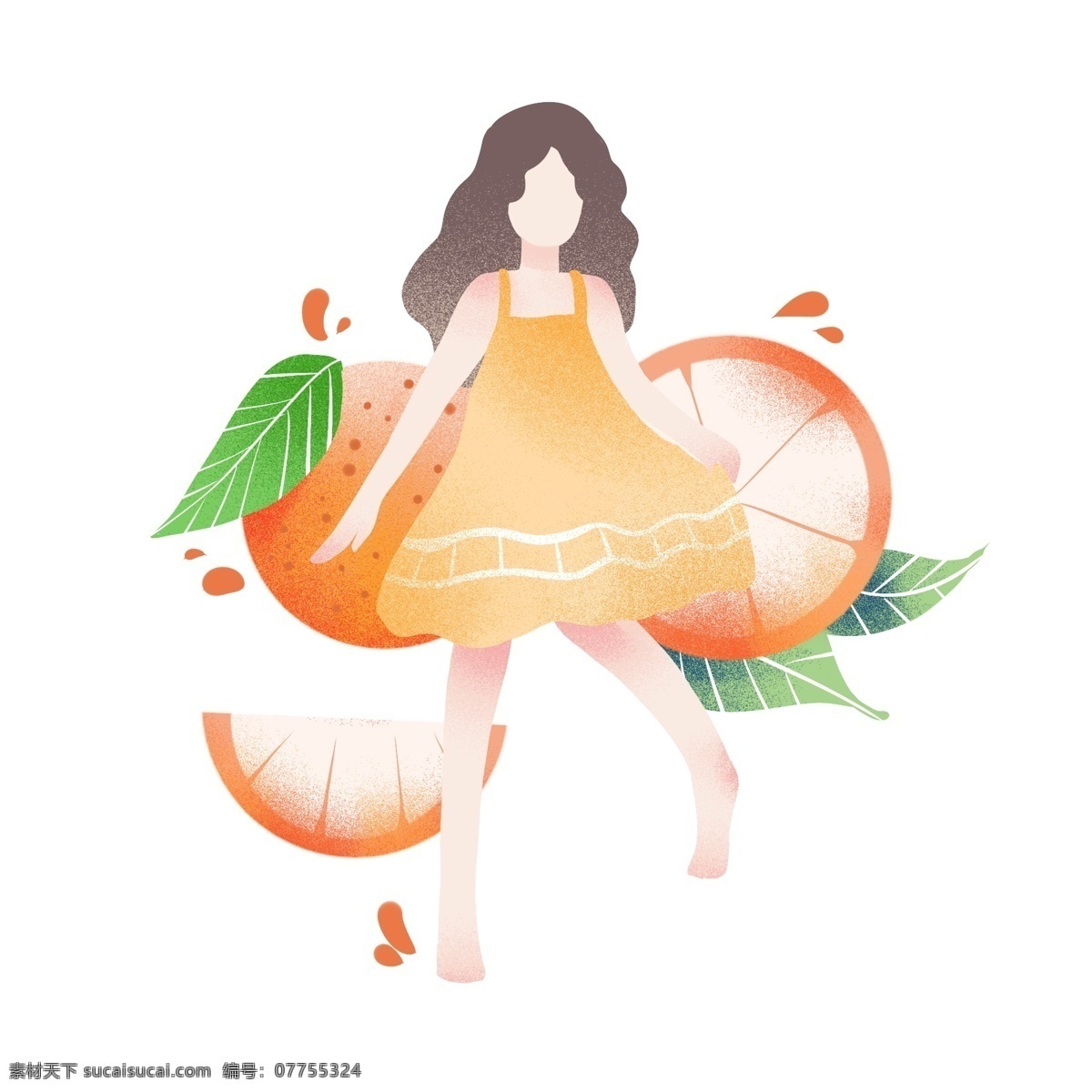 立夏 女孩 橙子 插画 立夏人物插画 漂亮的小女孩 黄色的橙子 绿色的叶子 切开的橙子 卡通人物