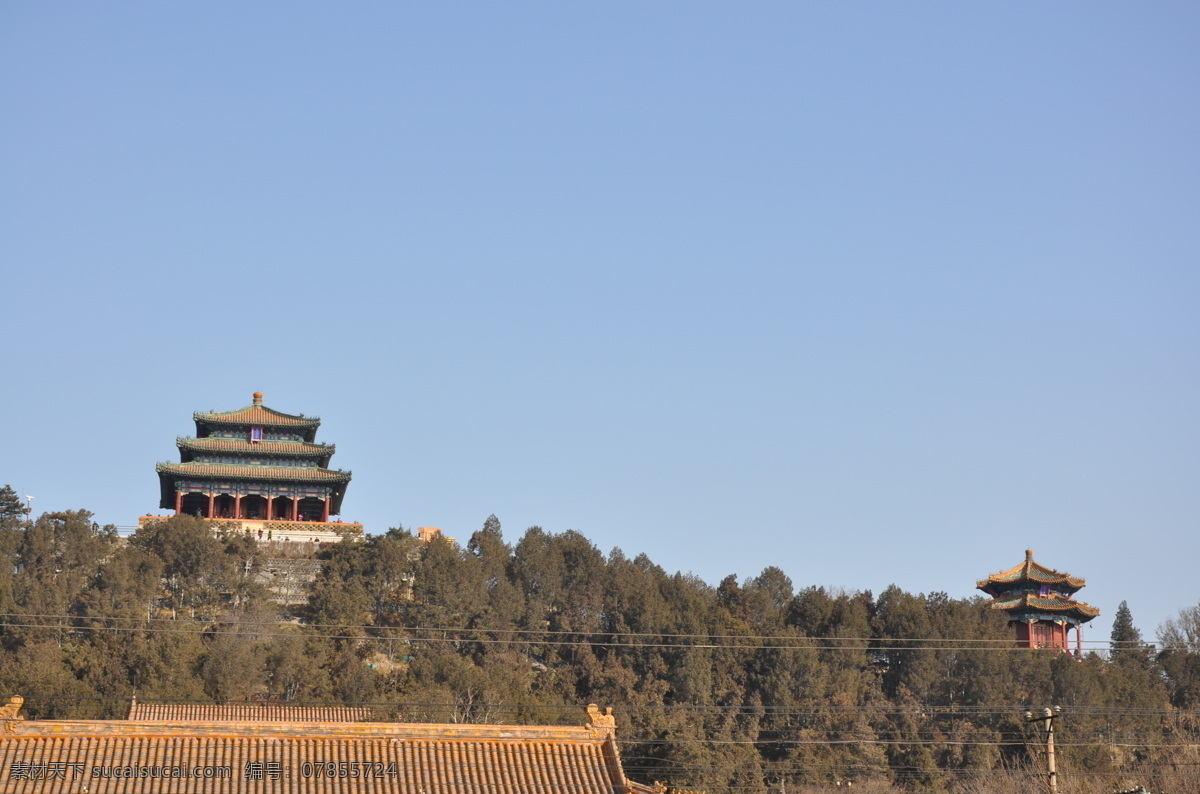 景山 故宫 神武门 古建筑 树木 风景 风景名胜 自然景观 蓝色