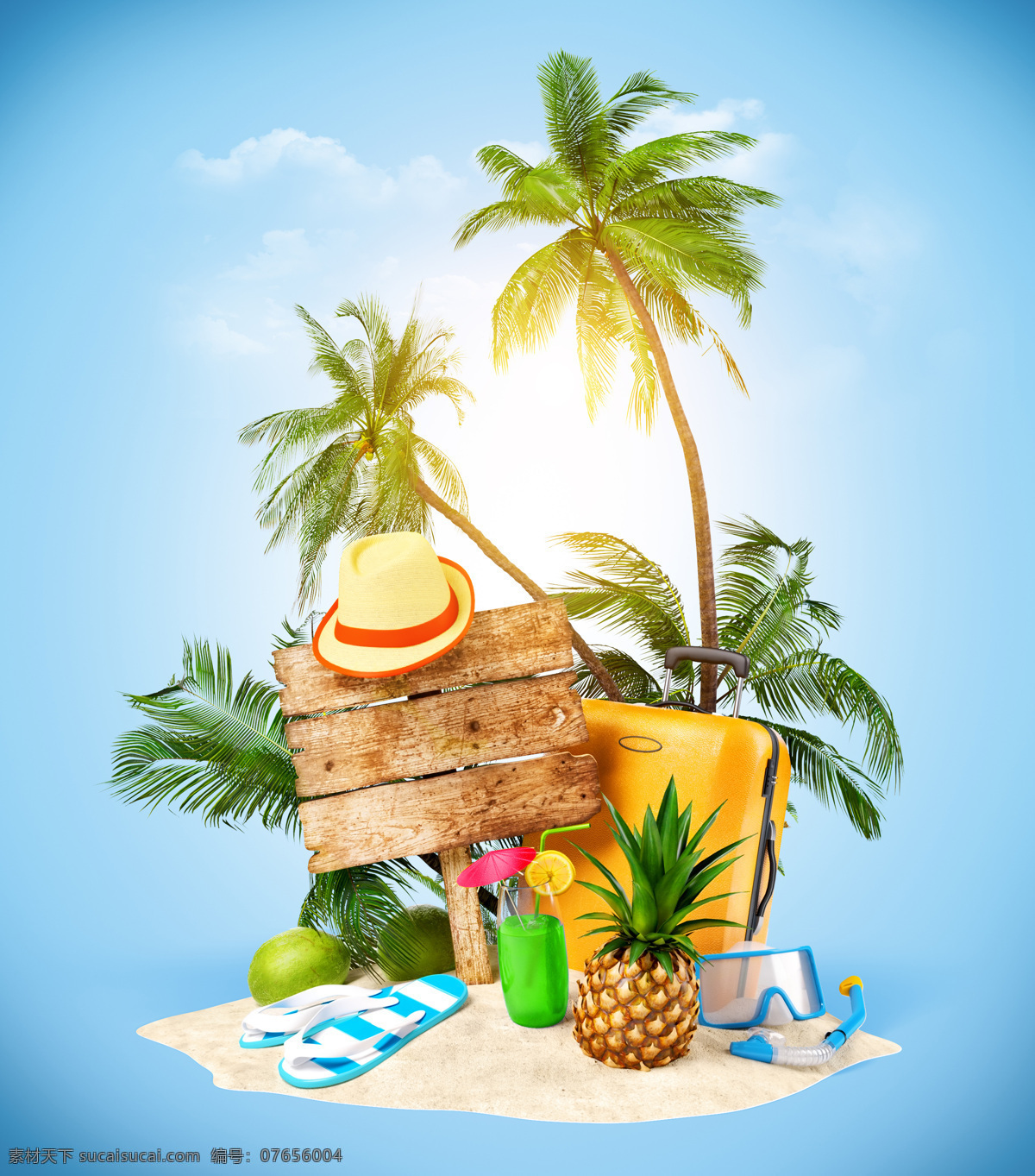 椰树 帽子 蓝天 白云 拖鞋 波罗 沙滩 牌子 其他类别 环境家居