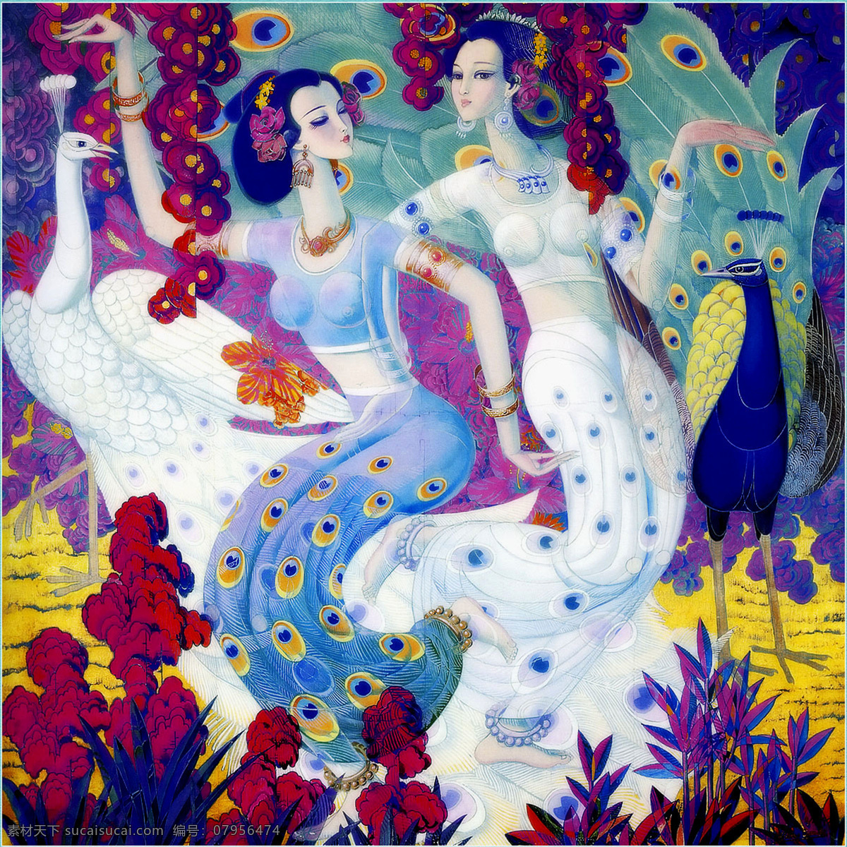 孔雀的故乡 白孔雀 蓝孔雀 花卉 少数民族 美女 头饰 戴花 耳坠 项圈 手镯 长裙 少女 舞蹈 花纹 喜庆 吉祥 古典 国画 王存德 工笔 重彩 仕女 重彩画 绘画书法 文化艺术