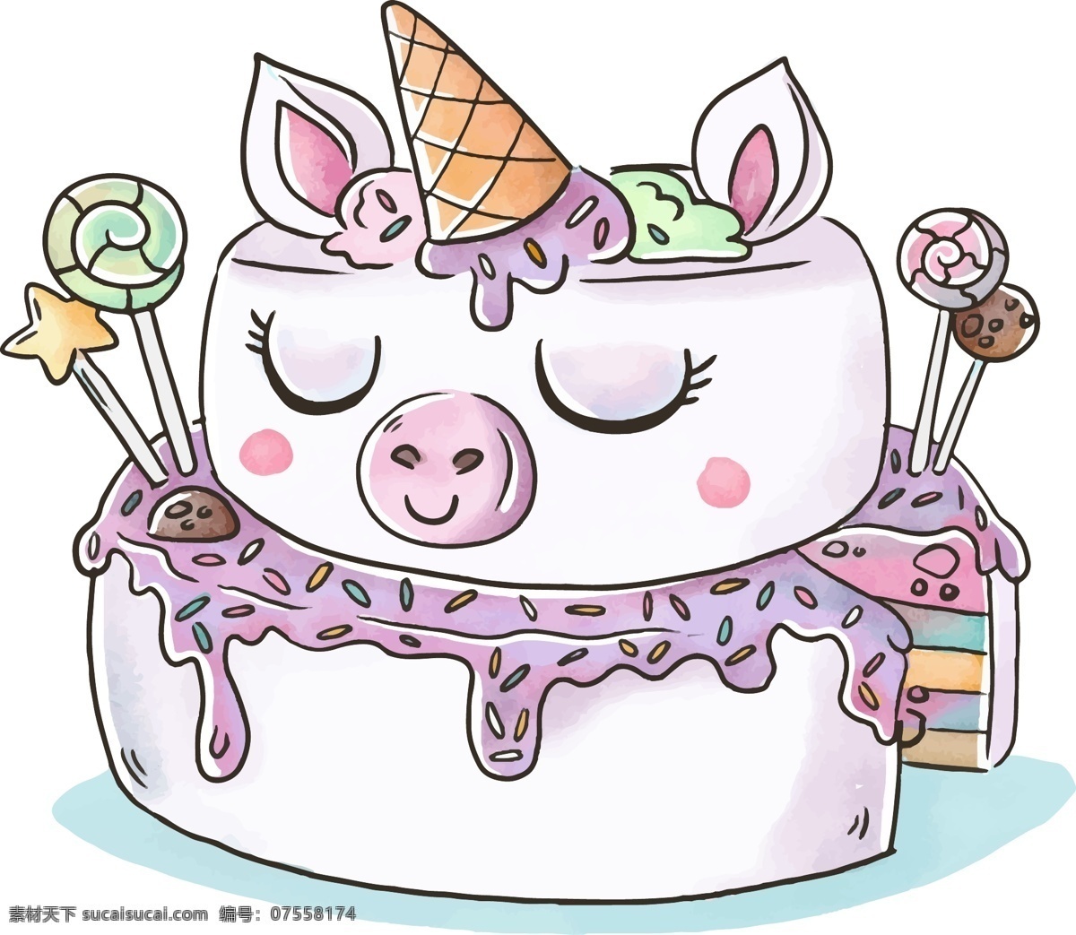 卡通 可爱 猪 彩虹 蛋糕 矢量 卡通猪 卡通棒棒糖 卡通蛋糕 卡通彩虹蛋糕 彩虹蛋糕 紫色奶油 奶油蛋糕 美味蛋糕