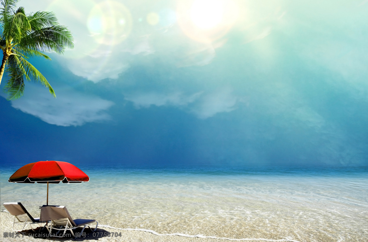 休闲 旅游 展板 背景 沙滩 遮阳伞 蓝天白云 树叶 旅游背景 旅游展板 旅游度假 旅游海报 展板背景 摄影图加 大海图片 风景图片