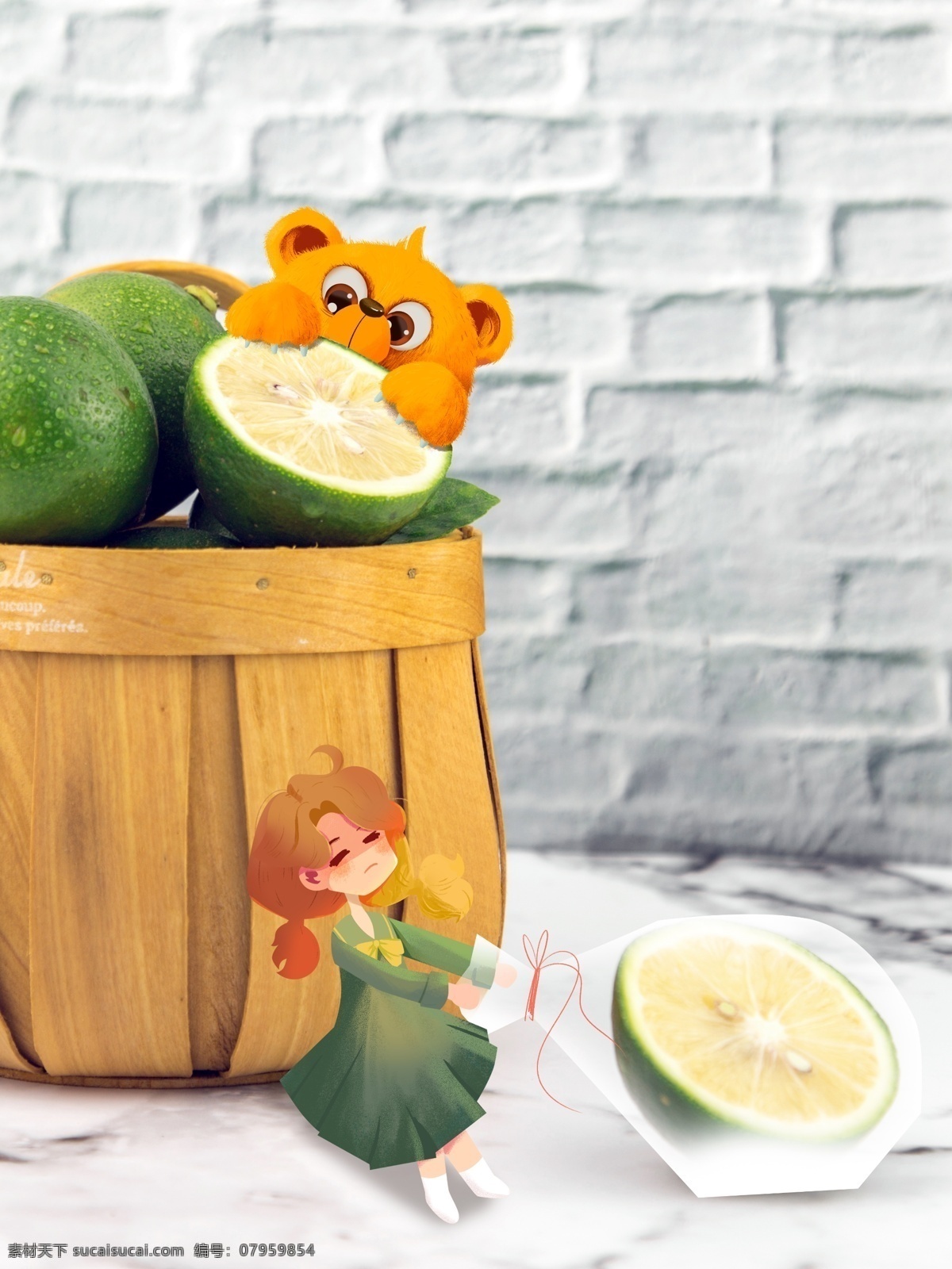 创意 图 插画 美食 类 青 桔 橘子 女孩 熊 玩具熊 卡通 次元壁 情感表达