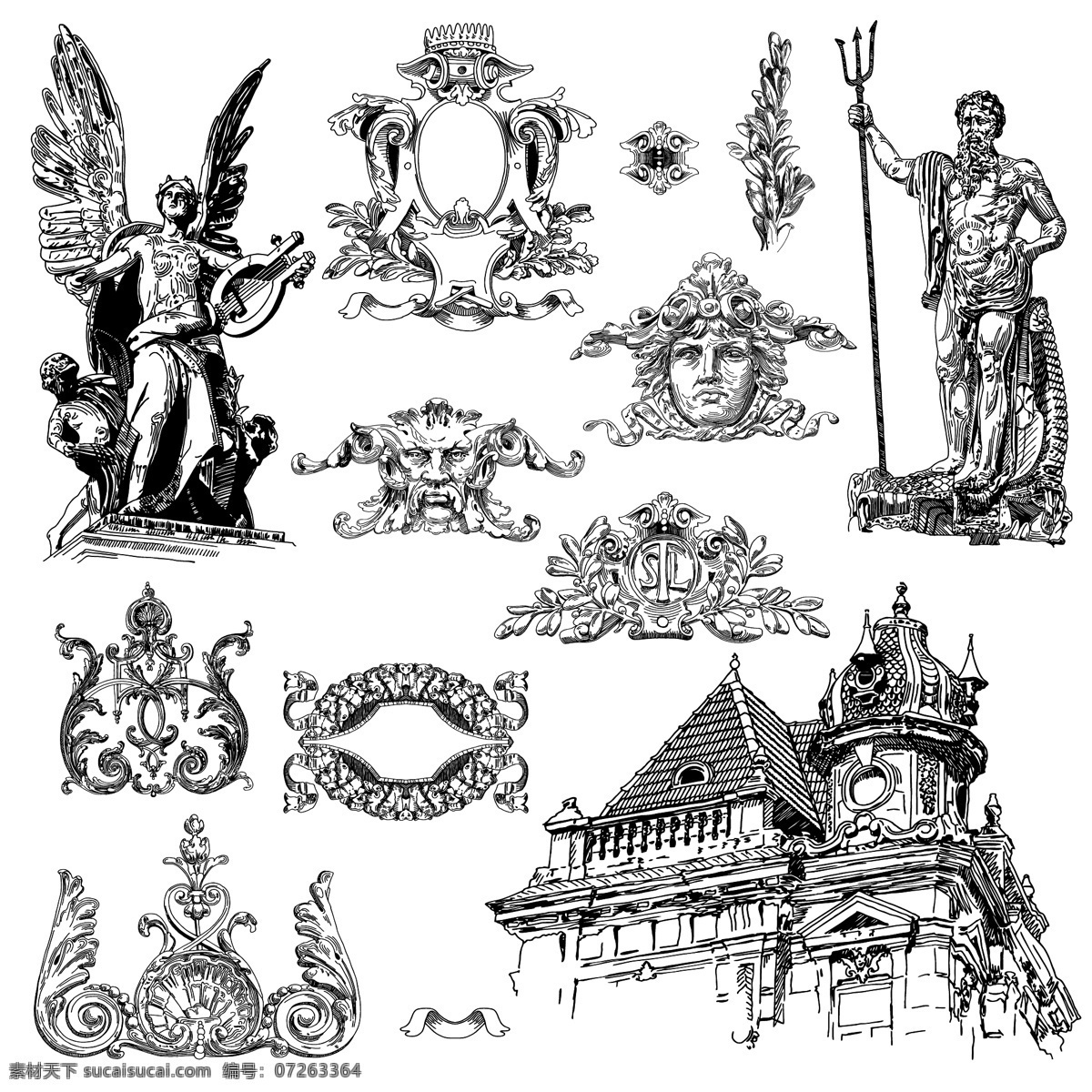 欧式花纹 花纹图标 古典图标 古老图标 古典logo 古典标志 古神话 图标设计 欧式图标 皇家图标 皇家标志 雕塑图标 雕像 神话人物 古建筑 花边花纹 底纹边框