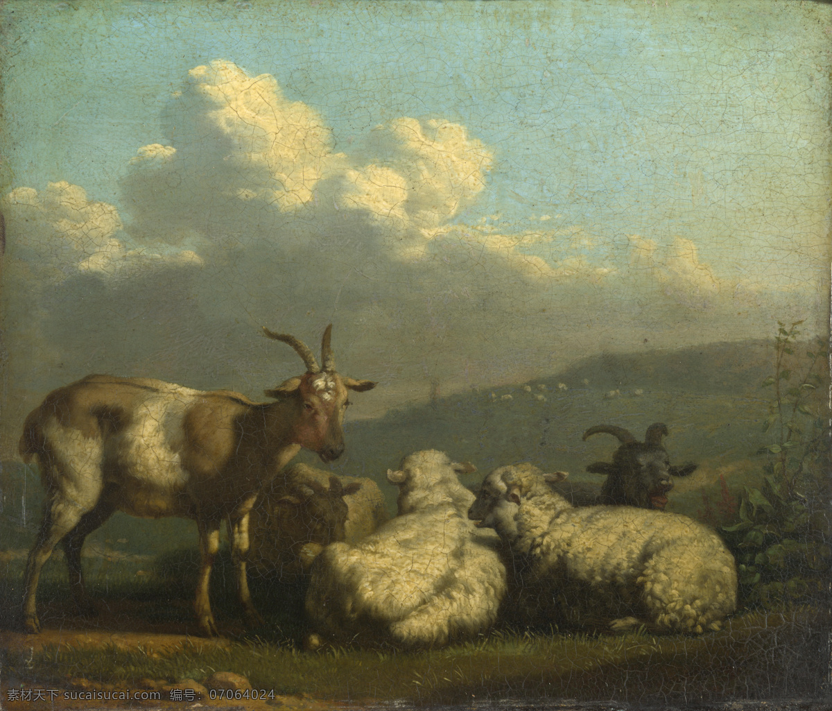 羊 绵羊 天空 云朵 壁画 油画专辑 文化艺术 绘画书法
