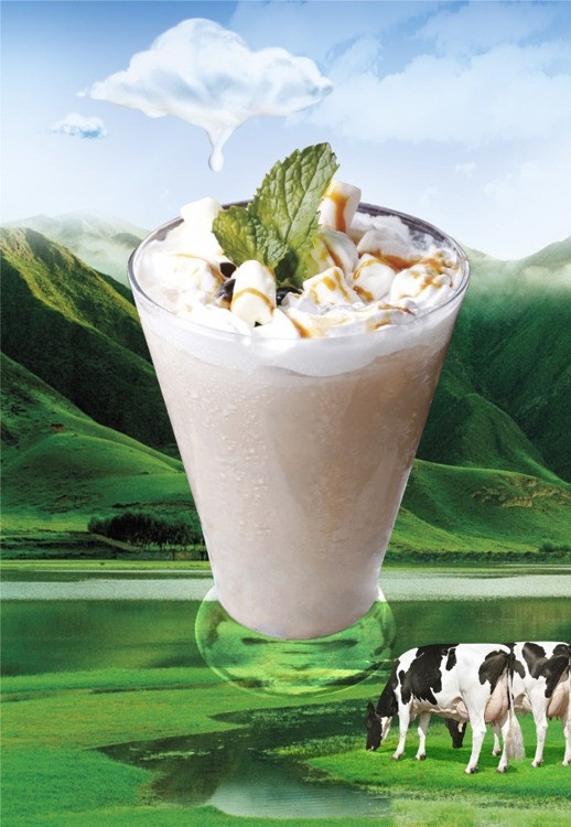 牧场奶茶 海报 pop 奶茶 牛奶 牧场 奶牛 鲜奶奶茶 水 山 云 清爽 矢量