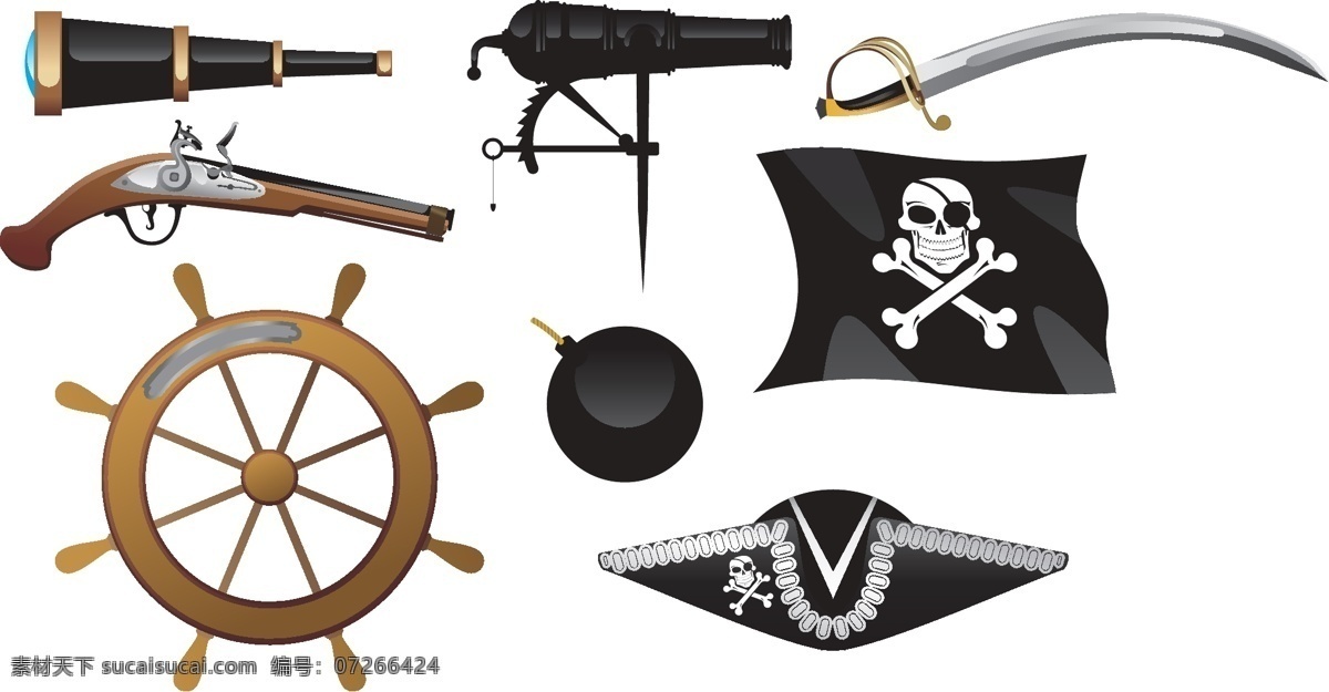 矢量 海盗 用品 标识 元素 帽子 望远镜 透明元素 ai元素 免抠元素