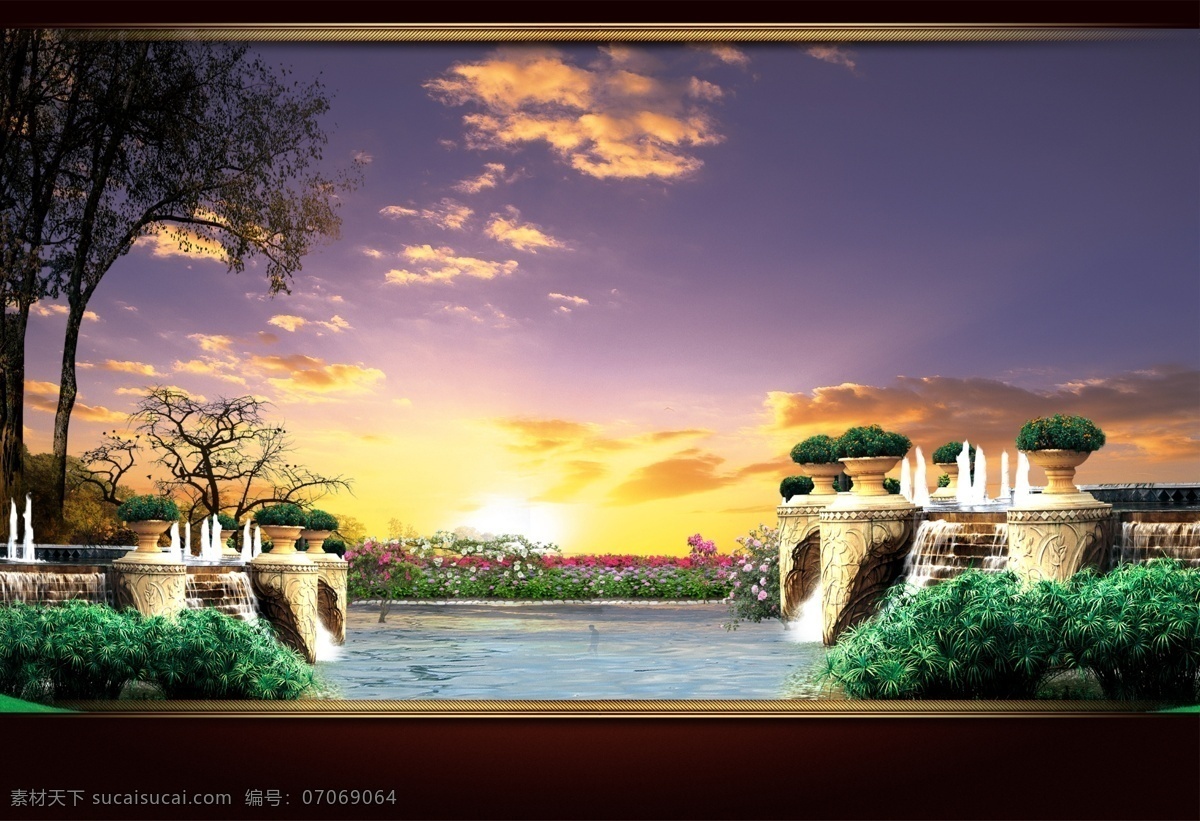 房地产 广告 花草 喷泉 树 水景 夕阳 紫色彩霞 psd源文件