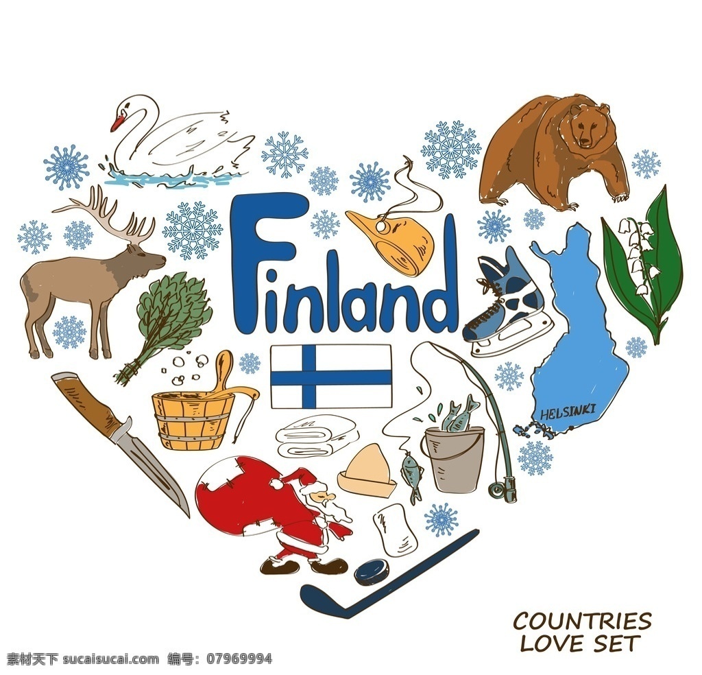 芬兰国家元素 芬兰 国家元素 国家象征 手绘 矢量 设计素材库 文化艺术 绘画书法