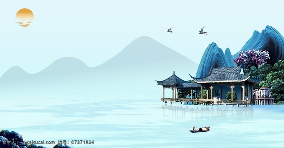 房地产 抽象 创意 合成 山水 清新 古建筑 海报 售房 地产 高端房地产 创意合成 远山 渔船 中国风