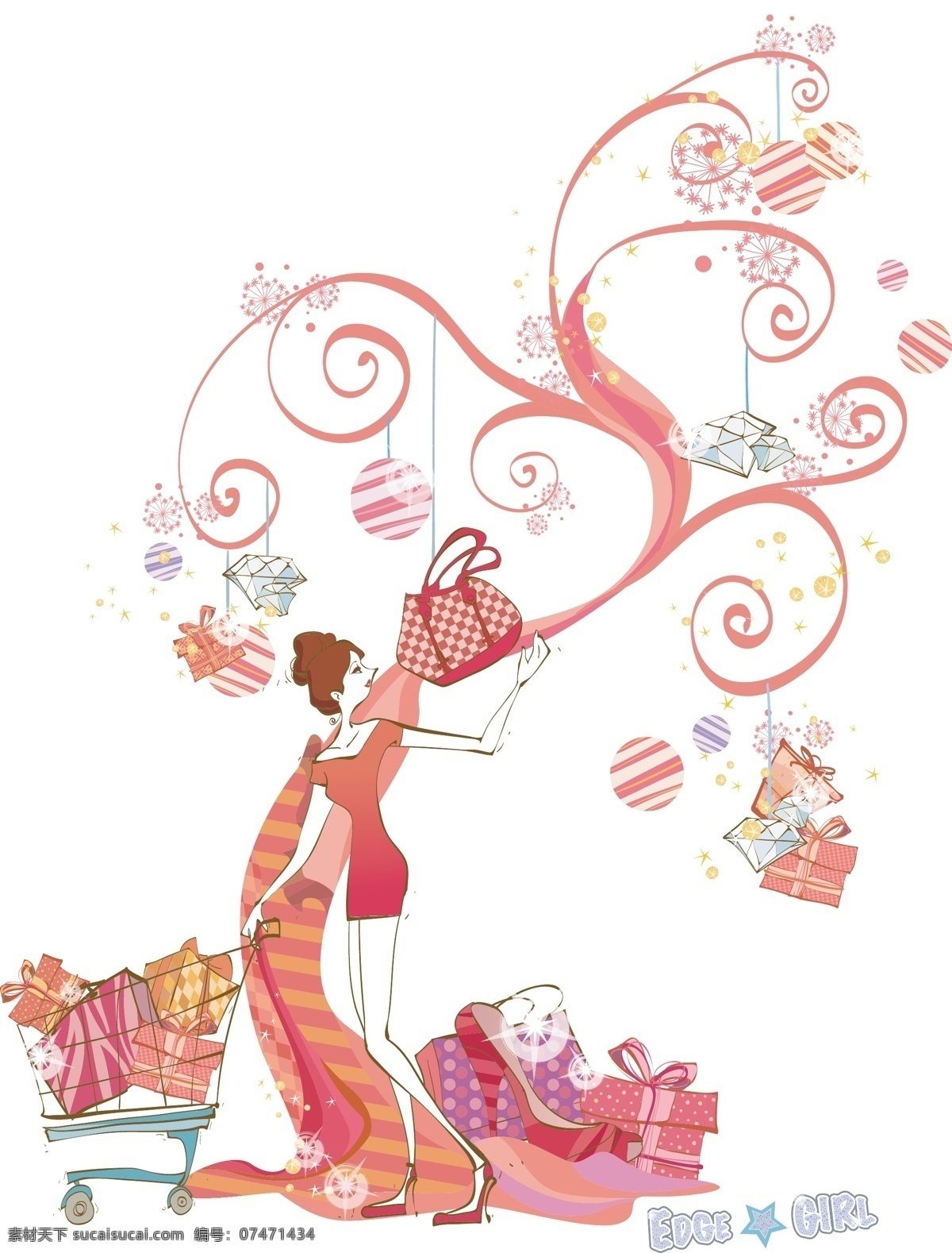 矢量 时尚 女孩 插画 粉红 购物 包包 高跟鞋 购物车 花纹 可爱 礼品 手绘 矢量图