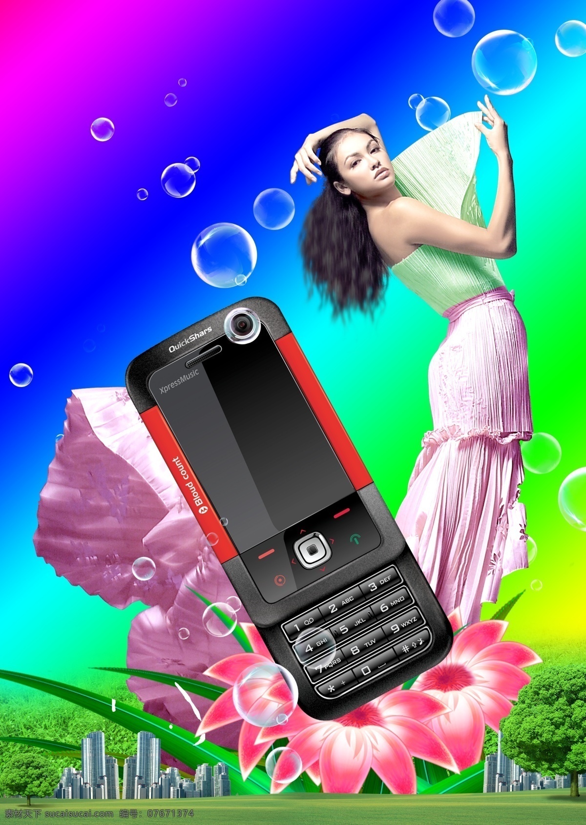 时尚 直板 手机 宣传海报 分层 彩色 城市风景 花朵 时尚手机 透明泡泡 图片设计 直板手机 女性手机 psd源文件