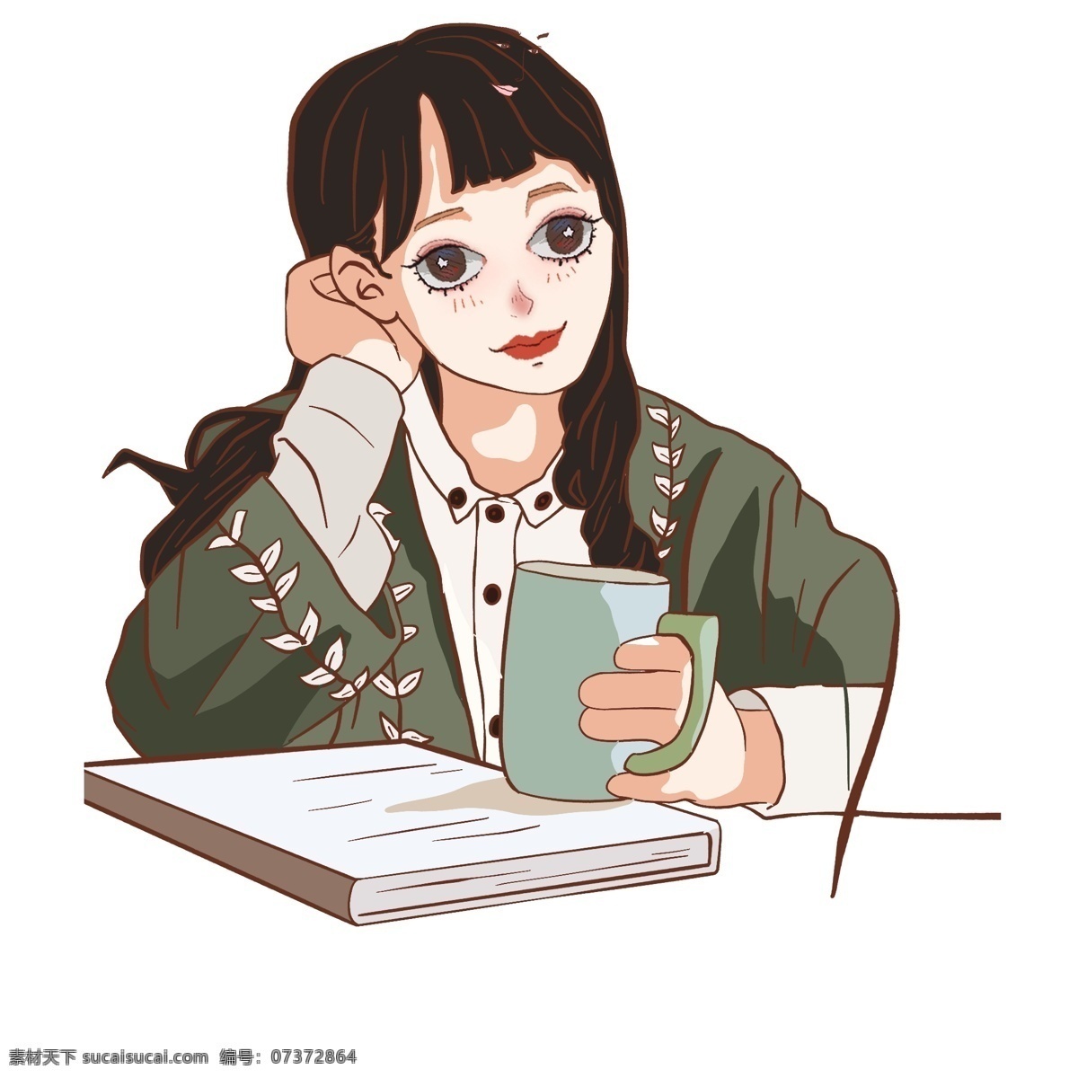 手绘 看书 喝 咖啡 女孩 文艺 复古 中世纪 美女 学生