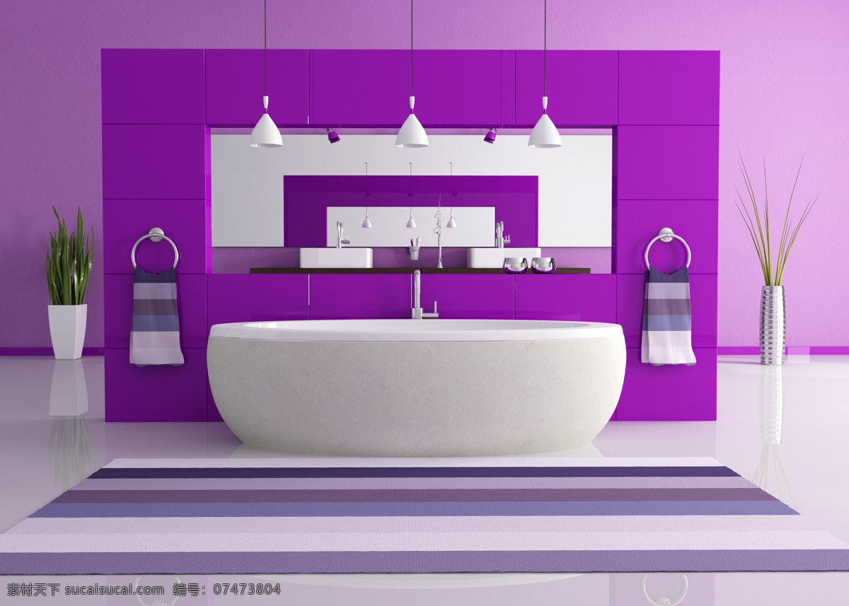 浴室 3d 渲染 图 地板 地毯 吊灯 镜子 毛巾 盆栽 墙壁 水龙头 渲染图 浴缸 紫色 家居装饰素材 室内设计