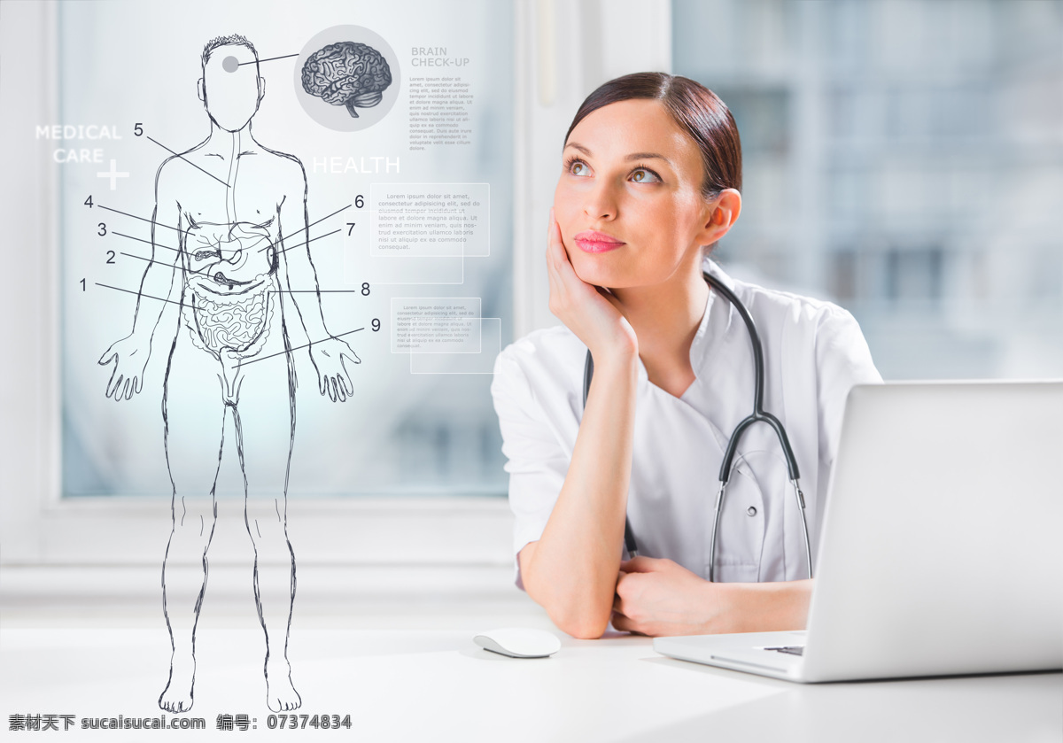 正在 思考 美女 医生 人体结构图 医务工作者 医务人员 医疗事业 卫生医疗 人物插图 商务人士 人物图片