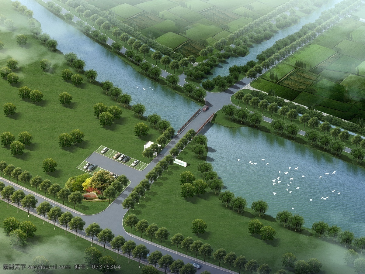 水八仙道路 3d效果图 人 树 车 河 蓝天 效果图 3d设计 室外模型 绿色