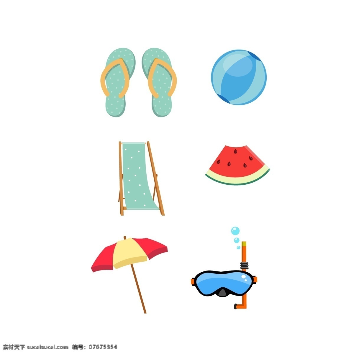 卡通 风格 夏天 海边 沙滩 相关 元素 遮阳伞 拖鞋 泳镜 西瓜 皮球