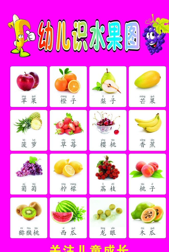 幼儿 识字 水果 图 水果图 粉红底 挂画 卡通