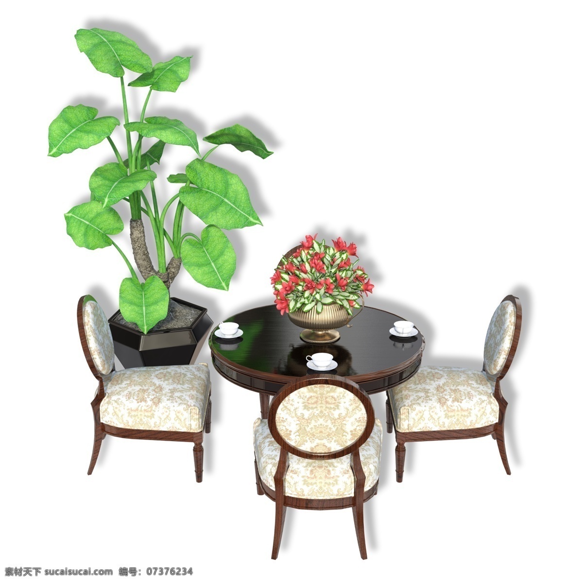 圆桌 三 椅子 桌子 圆形桌子 绿植 家具