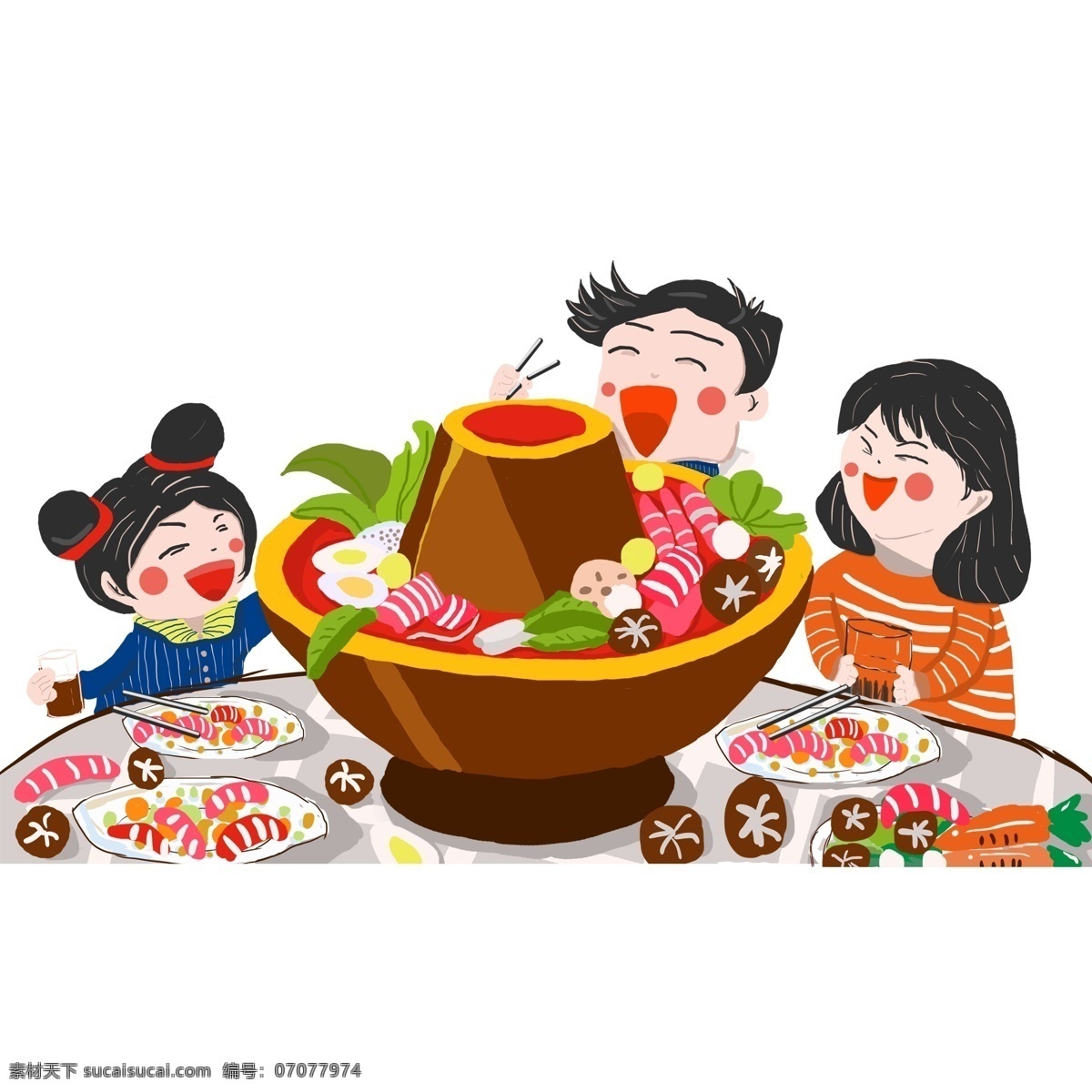 一家人 吃 火锅 温馨 手绘 插画 卡通 冬季 彩绘 吃火锅 一家三口