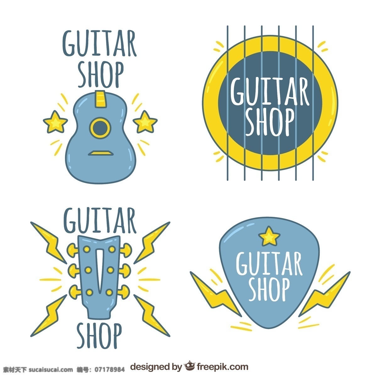 手绘 精选 吉他 标志 黄色 细节 商标 商业 音乐 手 线 标签 颜色 商店 企业 摇滚 公司 企业形象 品牌 现代 声音