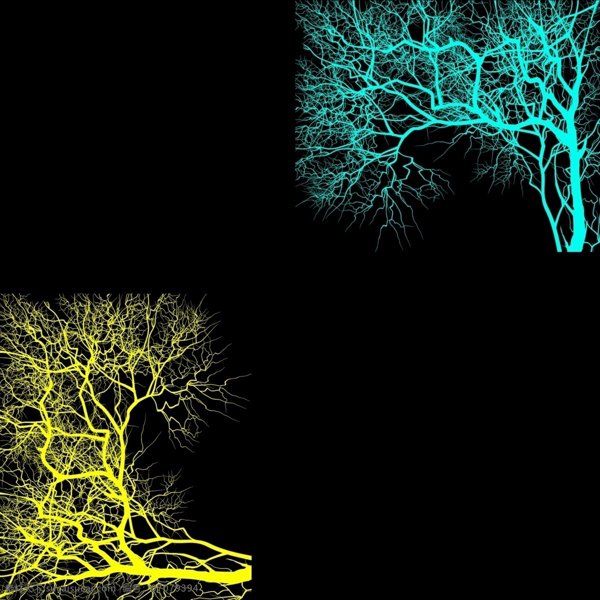 密集的树枝 黄蓝 树枝 黑色 底面